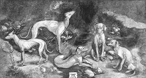 'Group of Dogs. From the engraving of St. Eustace, by A. Durer', c1500, (1906). Artist: Albrecht Durer.