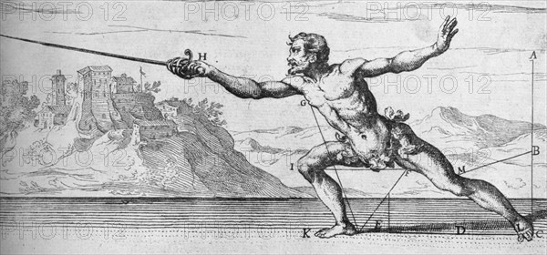 'Copper Engraving by Rafael Schiamirossi, illustrating The Lunge', 1610, (1936). Artist: Rafael Schiamirossi.