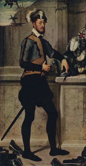 'A Knight with his Jousting Helmet', 1554-1558, (1936). Artist: Giovanni Battista Moroni.