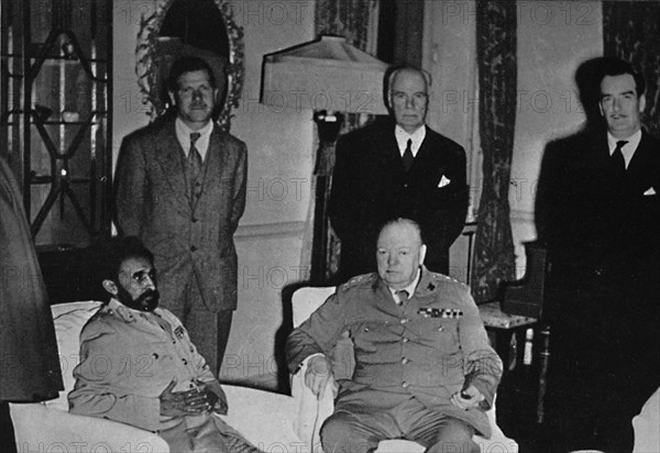 'Churchill in Cairo, with Ethiopian Emperor, Haile Selassie', 1943, (1945).  Artist: Unknown.