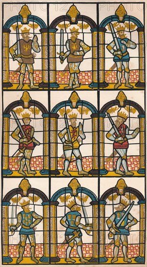 'Painted Window - Two Saxon Earls of Mercia, and Seven Norman Earls of Chester', 1808 (1845). Artist: William Fowler.