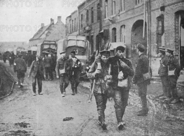 'The British wounded returning to a dressing station after an attack', 1915. Artist: Unknown.