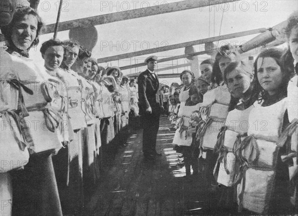 'War time lifebelt drill on board an ocean liner', 1915. Artist: Unknown.