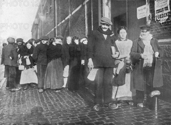 'Waiting for relief rations at Bruges', 1915. Artist: Unknown.