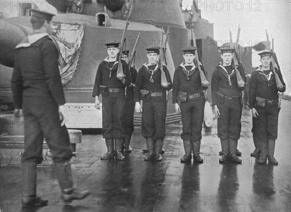 'Rifle drill on board a British battleship', 1915. Artist: Unknown.