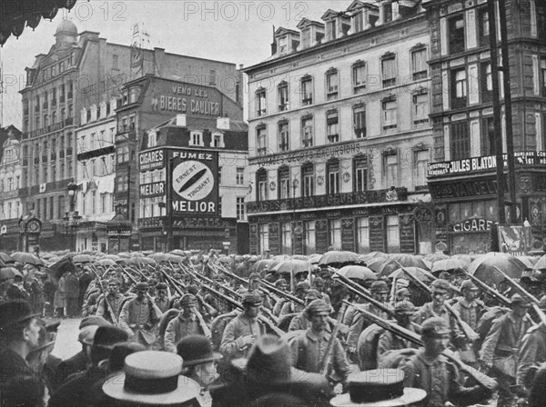 'German infantry entering Brussels in the rain', 1914. Artist: Unknown.