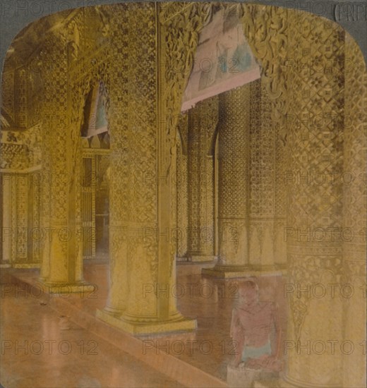 'Buddhist temple interior with costly decorations in gold and colors, Moulmein, Burma', 1907. Artists: Elmer Underwood, Bert Elias Underwood.