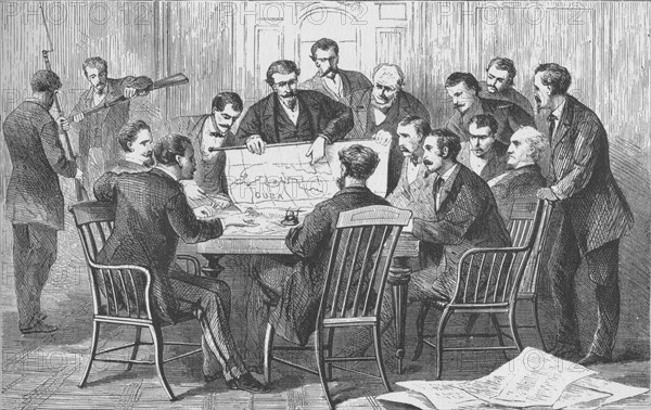 'The Cuban insurrectionists's meeting in their headquarters, on the corner of Rector Street and Broa Artist: Theodore R Davis.