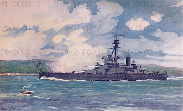 'The Brazilian Super-Dreadnought Minas Geraes nearing Rio', 1914. Artist: Edgar L Pattison.