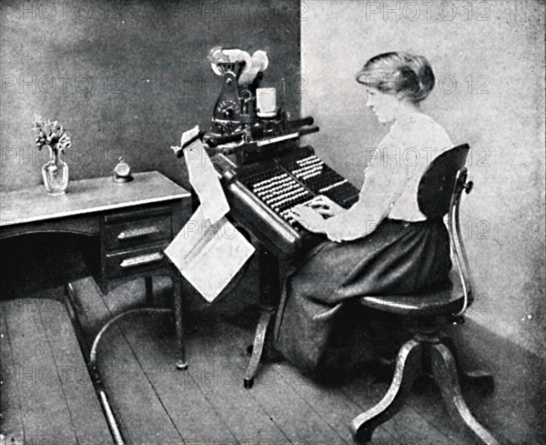 'Woman Operator on Monotype Keyboard', 1917. Artist: Unknown.