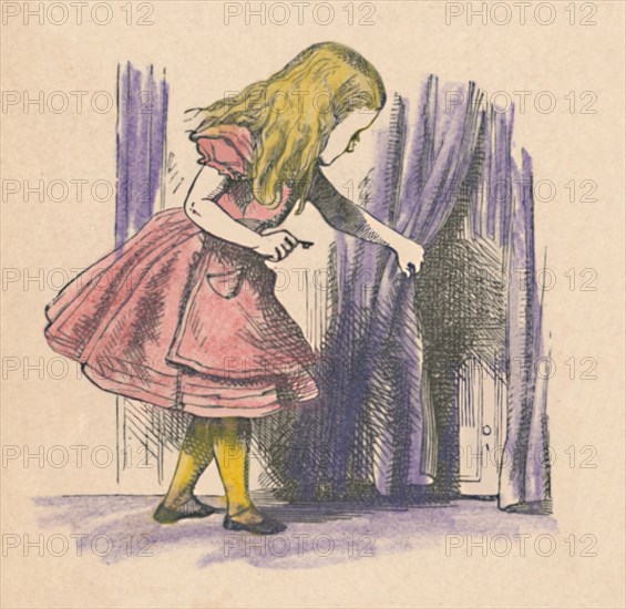 'Alice looking at a small door behind a curtain', 1889. Artist: John Tenniel.