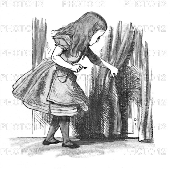 'Alice looking at a small door behind a curtain', 1889. Artist: John Tenniel.