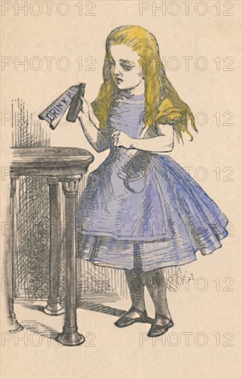 'Alice looking at the bottle with the sign 'drink me''', 1889. Artist: John Tenniel.