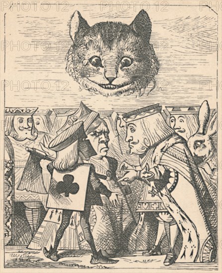 'The Cheshire Cat looking down at the Red King and Queen having an argument', 1889. Artist: John Tenniel.