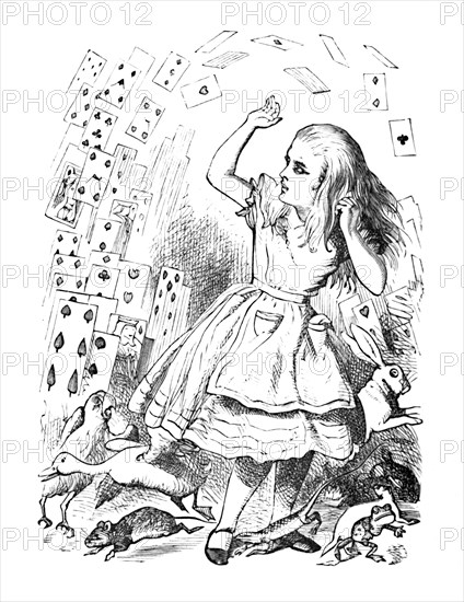 'A pack of cards flying up over Alice', 1889. Artist: John Tenniel.