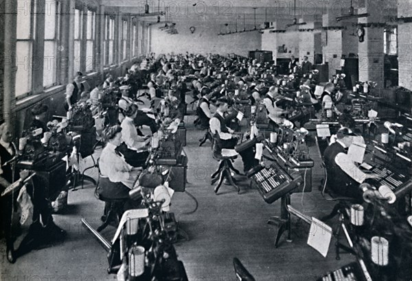 'A View of the Largest Battery of Composing Machines in the World', 1916. Artist: Unknown.