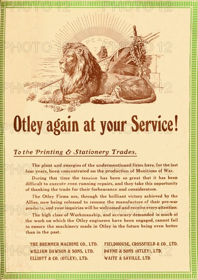 'Otley again at your service - To the Printing & Stationery Trades', 1919. Artist: Garratt & Atkinson.