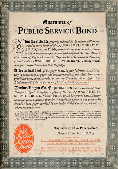 'Guarantee of Public Service Bond - Taylor-Logan Co. Papermakers advert', 1919. Artist: Unknown.