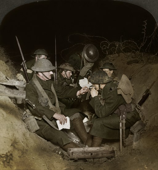 An evening in the reserve trenches at Beaumont Hamel, France, World War I, 1914-1918. Artist: Realistic Travels Publishers.