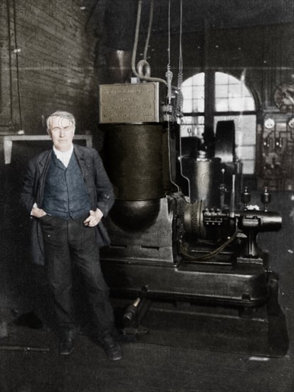 Thomas Alva Edison, American inventor, with his first dynamo for producing electric light, 1880s. Artist: Unknown.