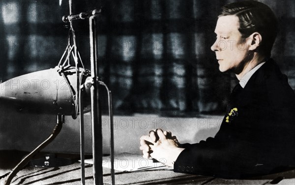 Edward VIII giving his abdication broadcast to the nation and the Empire, 11th December 1936.   Artist: Unknown.