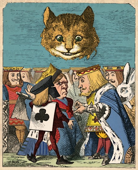 'The Cheshire Cat looking down at the Red King and Queen having an argument', 1889. Artist: John Tenniel.