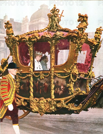 King George V and Queen Mary in the historic State Coach, c1935. Artist: Unknown.