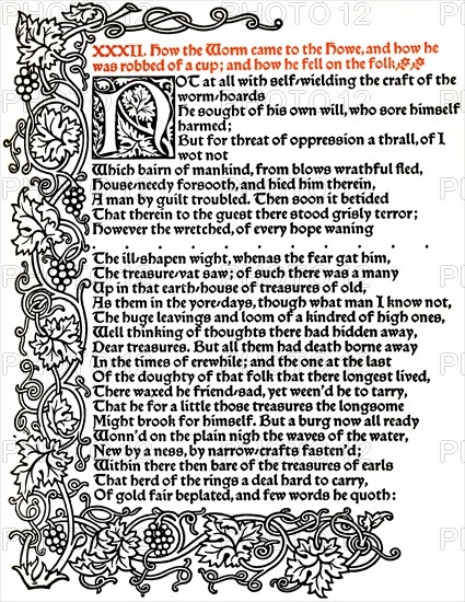 'Kelmscott Press: Page from The Tale of Beowulf Printed in the Troy Type', c.1895, (1914). Artist: William Morris.