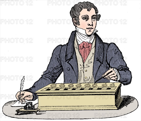 Clerk using a Pascal adding machine, 1835. Artist: Unknown.