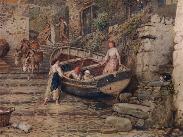 'View at Clovelly, with Stranded Boat and Figures', 1882, (1935). Artist: Birket Foster.