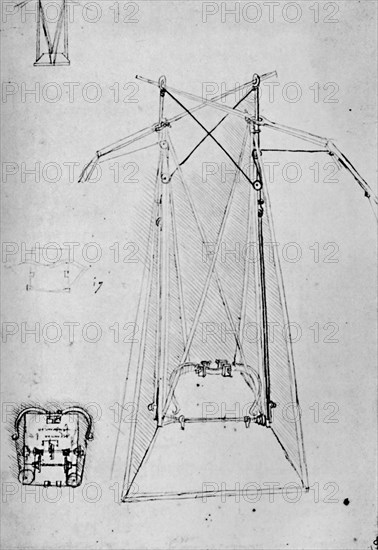 'Study of Motive Apparatus of Flying Machine with Ground Plan of Mechanism of Base', 1928. Artist: Leonardo da Vinci.