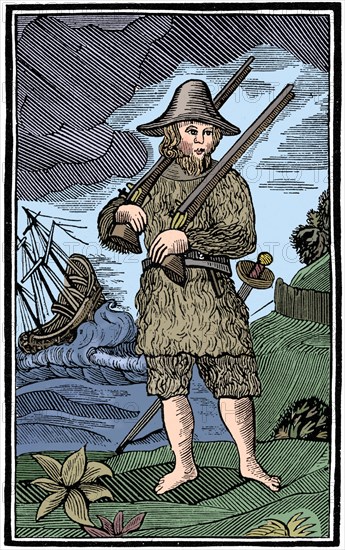 Robinson Crusoe, chapbook cut, 18th century (1964). Artist: Anon.