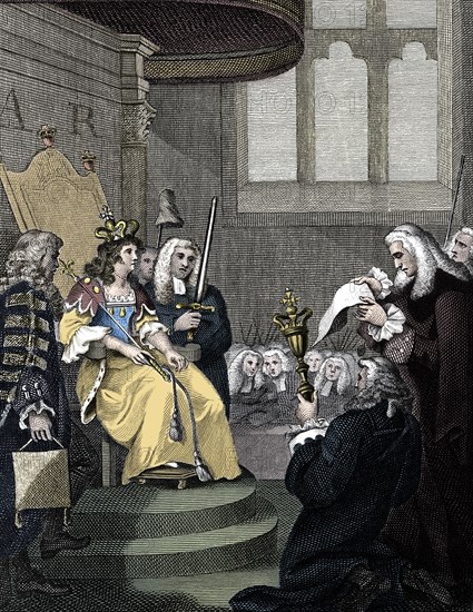 The Act of Union between England and Scotland being read before Queen Anne, 1826. Artist: Unknown.