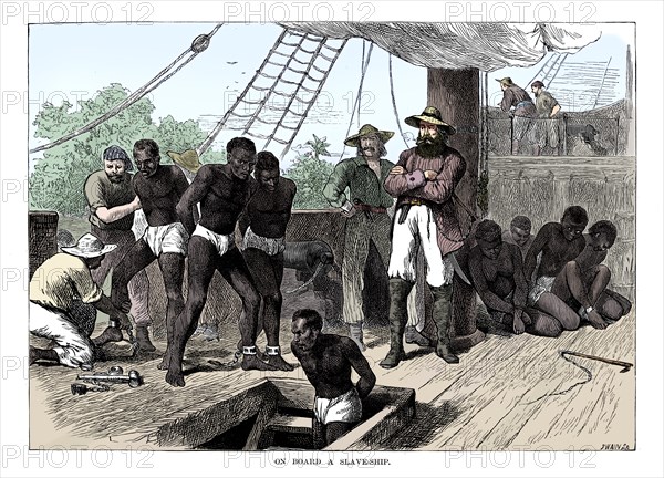 Captives being brought on board a slave ship on the West Coast of Africa (Slave Coast), c1880. Artist: Unknown.