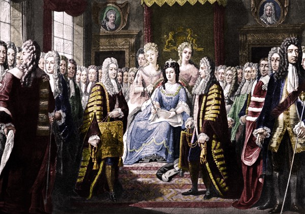 Articles of Union Presented by Commissioners to Queen Anne, 1706. Artist: Unknown.