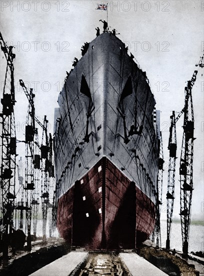 Launch of the Cunard ocean liner `Queen Mary`, 1934 (1935). Artist: Unknown.