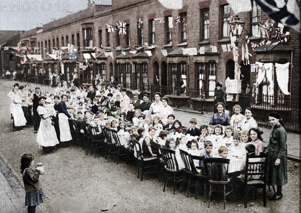 ' A children's tea party in an East End Street in London, to celebrate the Treaty of Versailles at t Artist: Unknown.