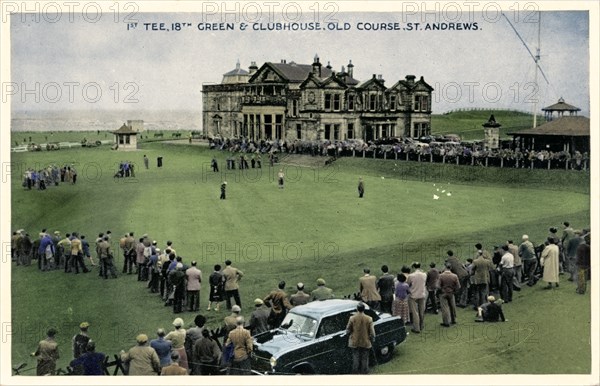 '1st Tee, 18th Green & Clubhouse, Old Course, St. Andrews', c1955. Artist: Unknown.