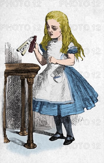 'Alice looking at the bottle with the sign 'drink me''', 1889. Artist: John Tenniel.