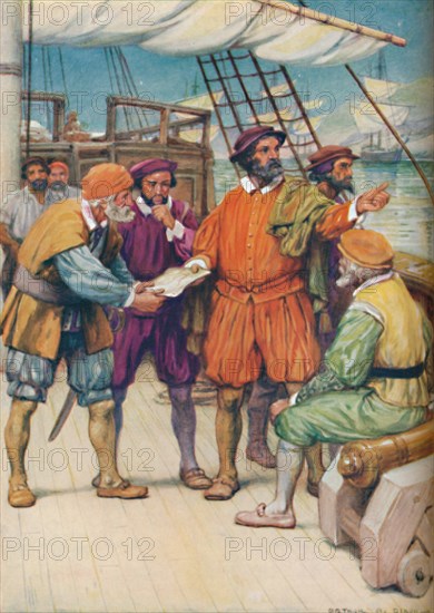 'Magellan Consults with his Navigators',  c1925. Artist: Arthur Percy Dixon.