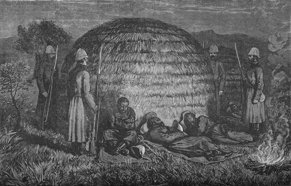 'Major Marter and his men guarding Cetewayo in the native Kraal', c1880. Artist: Unknown.