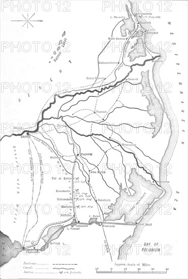 'Map of the Delta of the Nile, Strategic Points in the Egyptian Campaign, 1882, (c1882-85). Artist: Unknown.