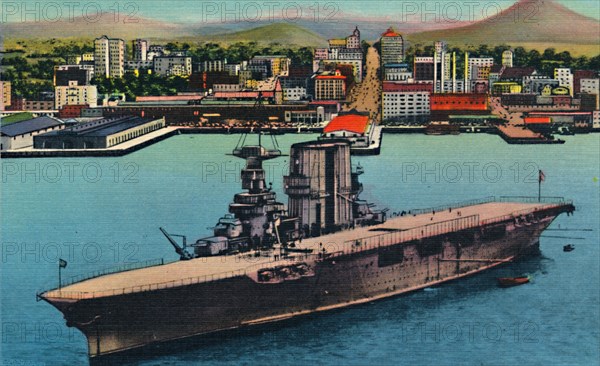 'U.S. Navy Plane Carrier at Anchor at Foot of Broadway. San Diego, California', c1941. Artist: Unknown.