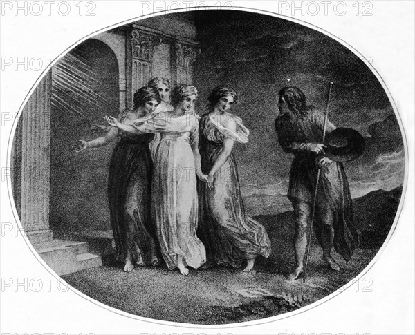 'Prudence, Piety, Charity and Discretion inviting Christian into the Palace Beautiful', 1789, (1912) Artist: Thomas Stothard.