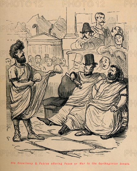 'His Excellency Q Fabius offering Peace or War to the Carthaginian Senate', 1852. Artist: John Leech.