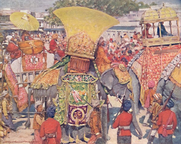 'Burmese Elephants at the State Entry', 1903. Artist: Mortimer L Menpes.