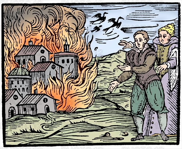 Witches destroying a house by fire - Swabia, 1533. Artist: Unknown.