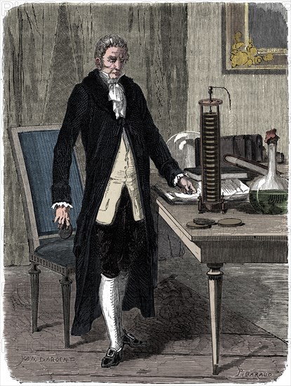 Alessandro Volta, Italian physicist, demonstrating his electric pile (battery), c1800 (c1870). Artist: Unknown.