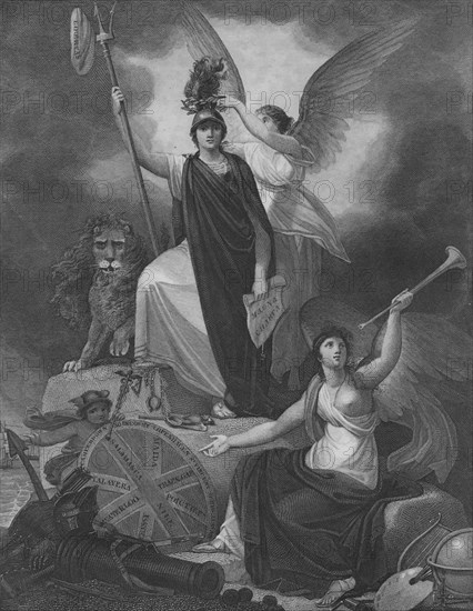 'Frontispiece - Britannia holding the Trident of Neptune, surmounted by the Cap of Liberty and crown Artist: Unknown.