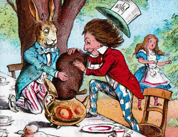 'The Mad Hatter and the March Hare trying to put the Dormouse into a teapot', c1910. Artist: John Tenniel.